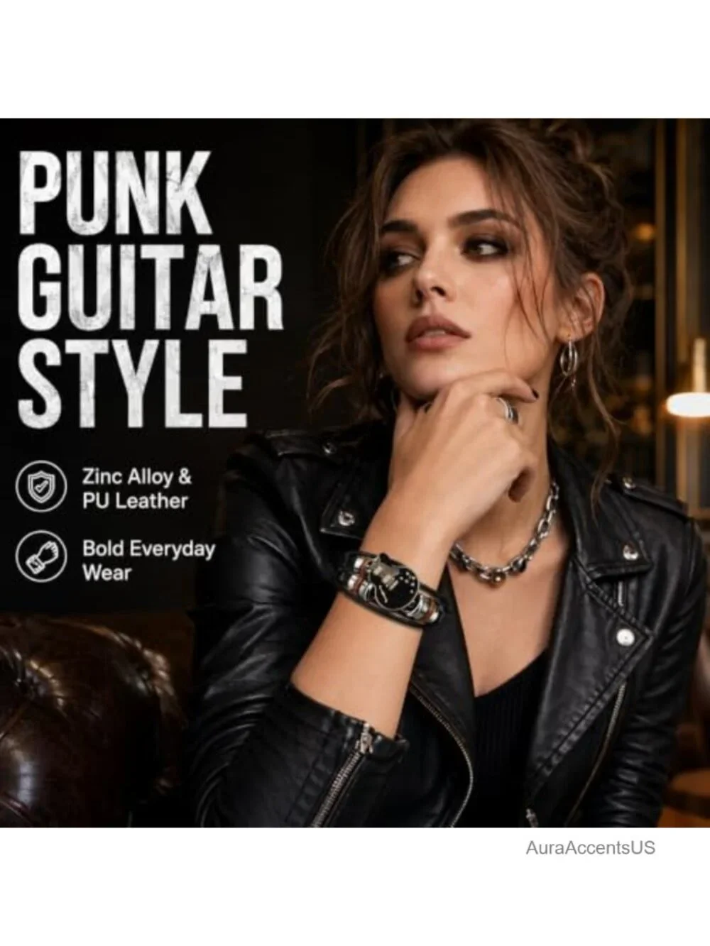Multilayer Leather Bracelet with Guitar Charm for Men Women Unisex Music Rock